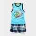 Young boy in Ancient Energy summer suit, children’s clothes, casual boys’ summer outfit with shorts and a t-shirt.