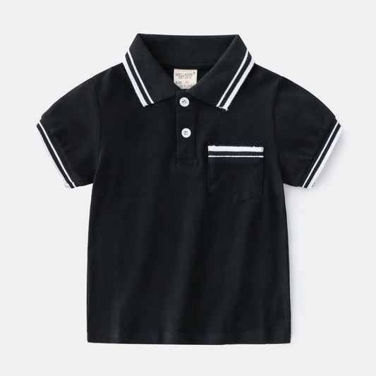 Boy wearing a summer polo shirt by Ancient Energy, featuring a casual boys' T-shirt with a classic polo design and short sleeves.