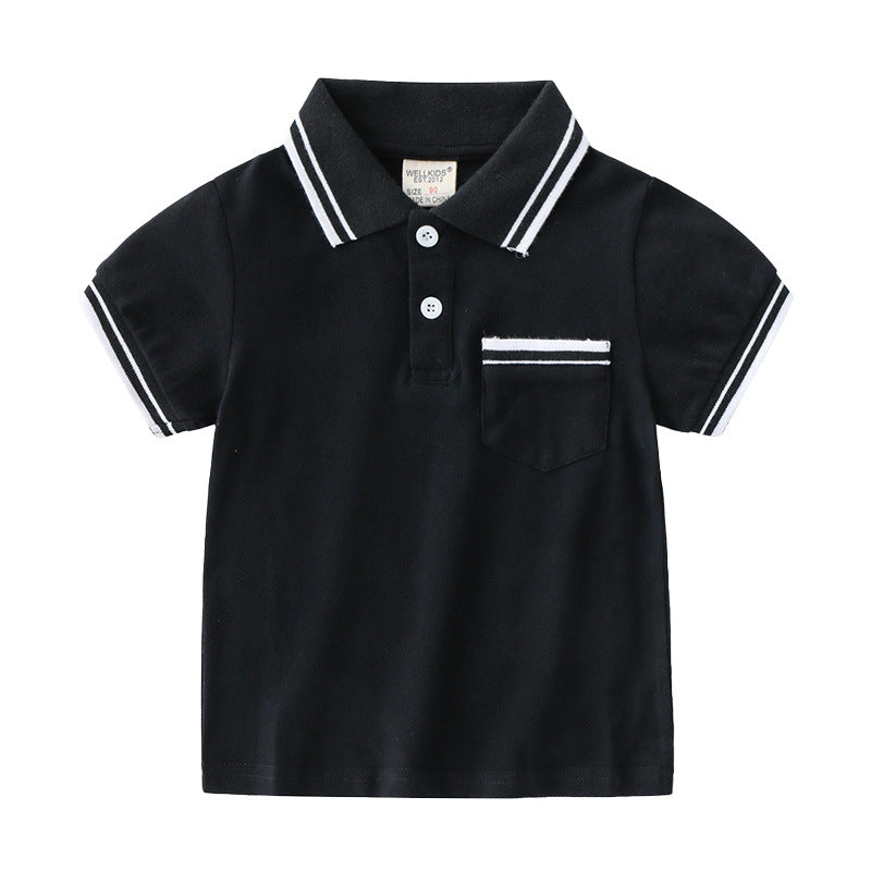 Young boy wearing a blue summer polo t-shirt by Ancient Energy, casual style perfect for warm weather.