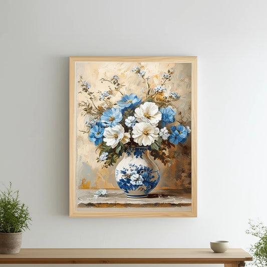 Chic White and Blue Floral Canvas Art Print - MANDOTOS