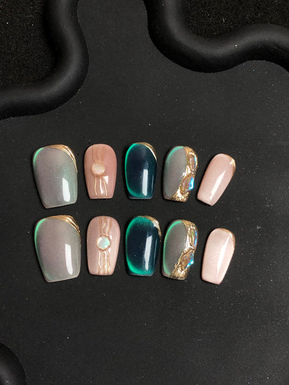 10 PCS Handmade Press-On Nails - Chic & Reusable Designs - MANDOTOS