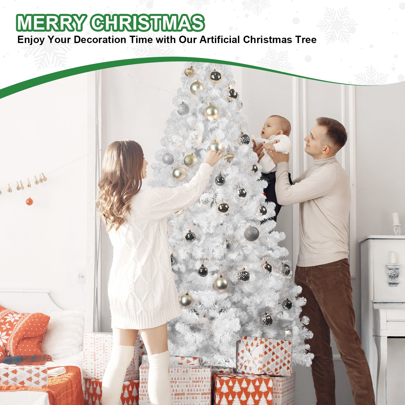 7.5ft Fireproof White Christmas Tree – Eco-Friendly Holiday Elegance! - MANDOTOS