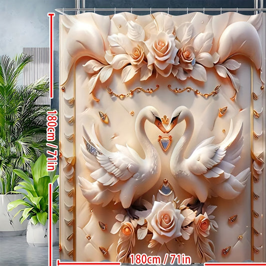 Elegant Swan Embossed Pearl Print Shower Curtain Set - MANDOTOS