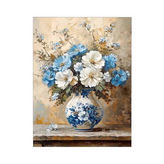 Chic White and Blue Floral Canvas Art Print - MANDOTOS