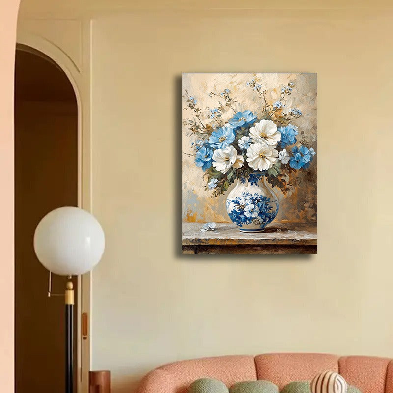 Chic White and Blue Floral Canvas Art Print - MANDOTOS