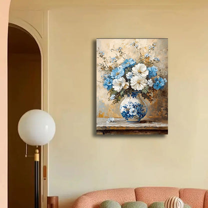 Chic White and Blue Floral Canvas Art Print - MANDOTOS