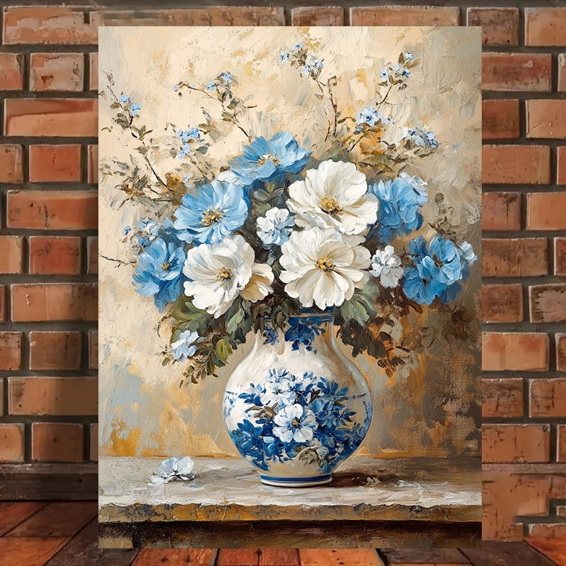 Chic White and Blue Floral Canvas Art Print - MANDOTOS