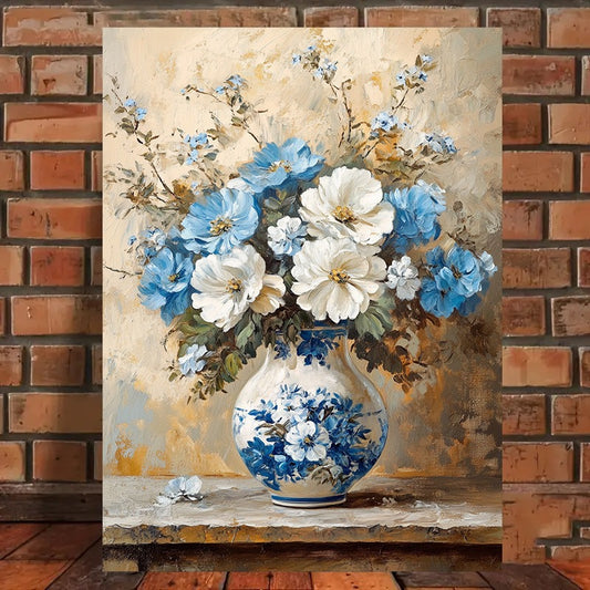 Chic White and Blue Floral Canvas Art Print - MANDOTOS
