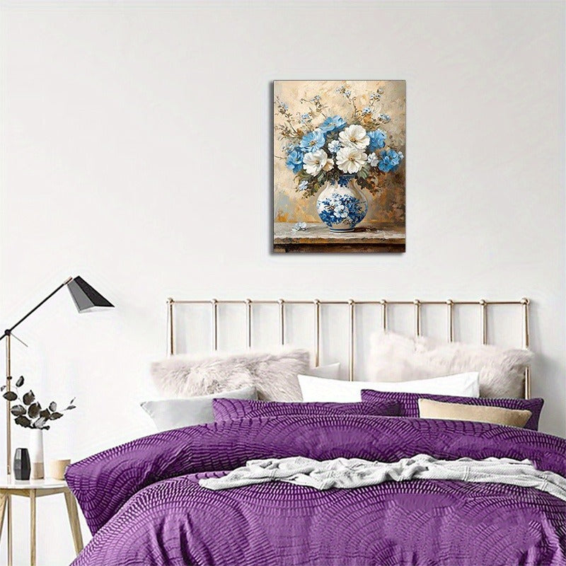 Chic White and Blue Floral Canvas Art Print - MANDOTOS