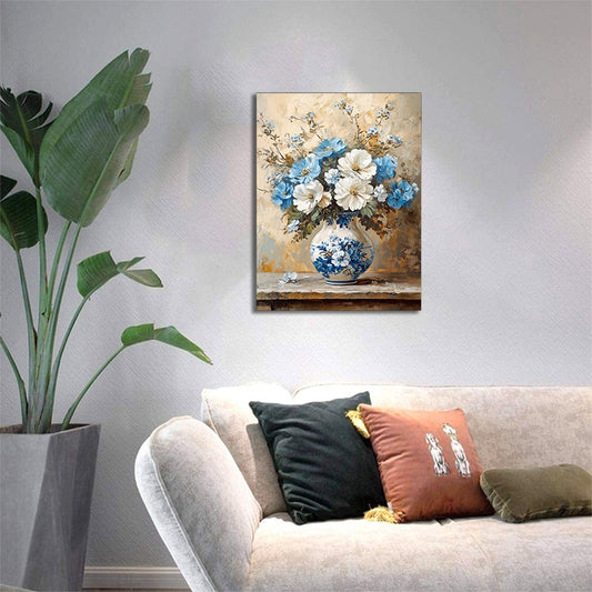 Chic White and Blue Floral Canvas Art Print - MANDOTOS