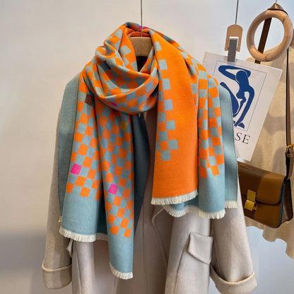Chic Double-Sided Cashmere Checkered Scarf for Women - MANDOTOS