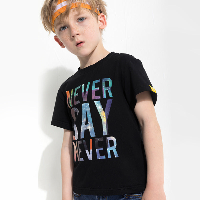 Children's letter print T-shirt by Ancient Energy featuring colorful alphabet letters on soft fabric.