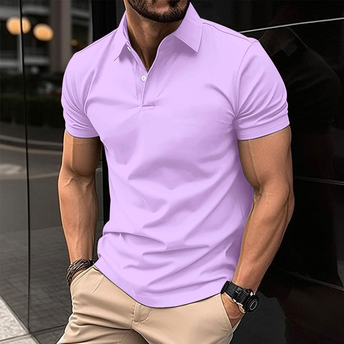 Summer Short Sleeve Polo Shirt Men Solid Color Button Lapel Button Top - MANDOTOS