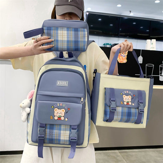 Ancient Energy high school plaid backpack three-piece set with large capacity, suitable for junior high and elementary school students.