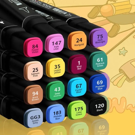 Ancient Energy 120-color marker pen set with manga brush tips, ideal for students and artists for vibrant drawings and illustrations.