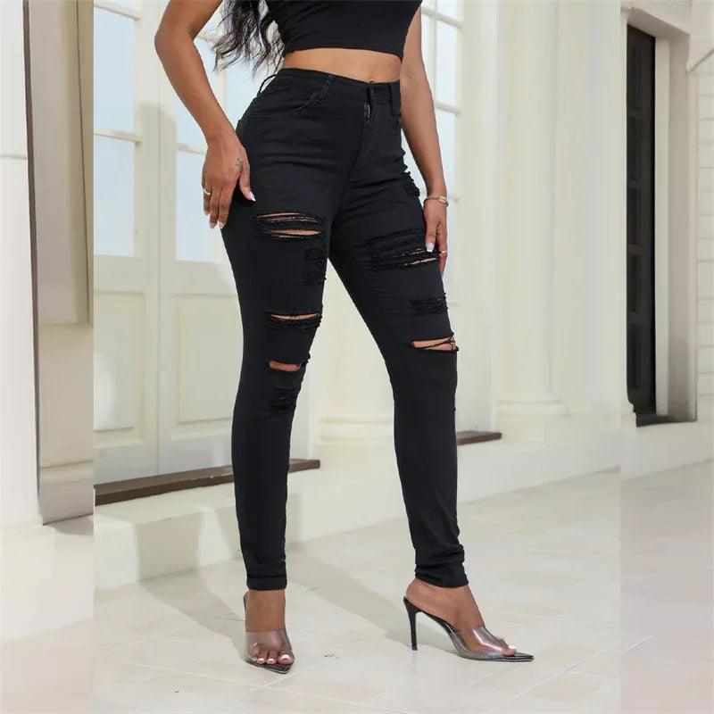 2024 Fashion Broken Holes Women Pencil Jeans Trend Streetwear Slim Fit Denim Pants Casual Solid Color High Waist Female Trousers - MANDOTOS