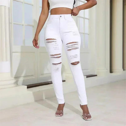 2024 Fashion Broken Holes Women Pencil Jeans Trend Streetwear Slim Fit Denim Pants Casual Solid Color High Waist Female Trousers - MANDOTOS