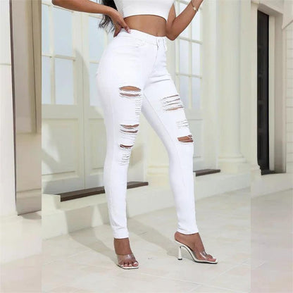 2024 Fashion Broken Holes Women Pencil Jeans Trend Streetwear Slim Fit Denim Pants Casual Solid Color High Waist Female Trousers - MANDOTOS