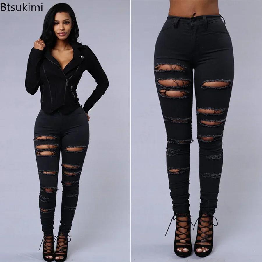 2025 Women's Stretch Skinny Ripped Hole Washed Denim Jeans Female High Waist Pencil Y2k Pants Jeans Ladies Casual Trousers Pants - MANDOTOS
