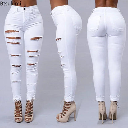 2025 Women's Stretch Skinny Ripped Hole Washed Denim Jeans Female High Waist Pencil Y2k Pants Jeans Ladies Casual Trousers Pants - MANDOTOS