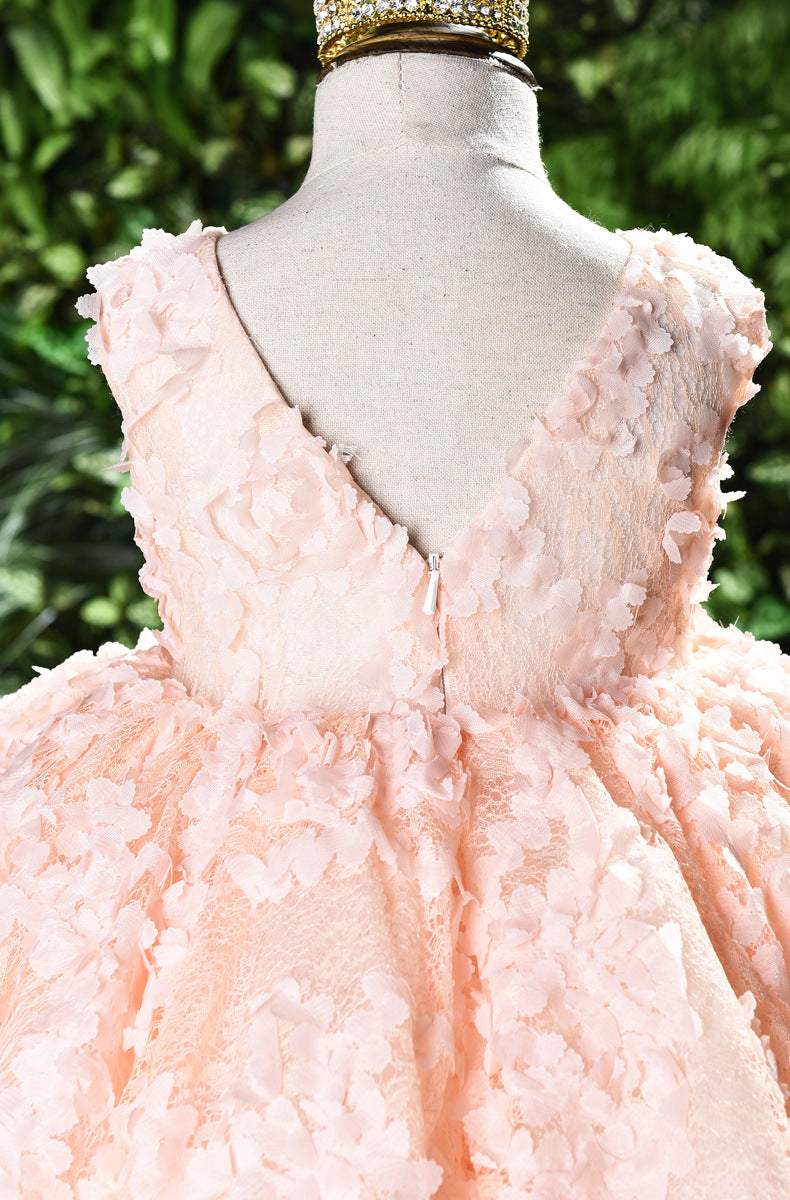 Baby girl dress for one-year-old, light pink with floral patterns, made by Ancient Energy, perfect for special occasions.