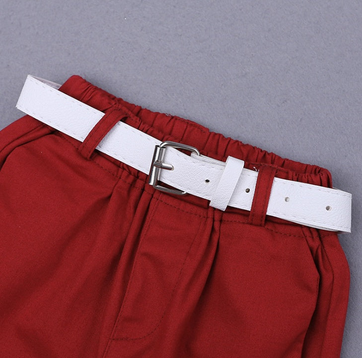 Ancient Energy summer baby set with floral short sleeve polo shirt and red shorts for children, perfect school clothes.