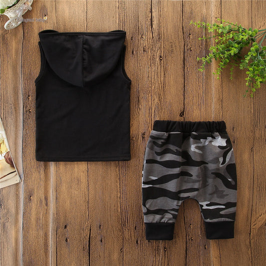 Two-piece toddler boys' sleeveless hooded T-shirt and camo pants outfit by Ancient Energy, casual and comfortable for kids.