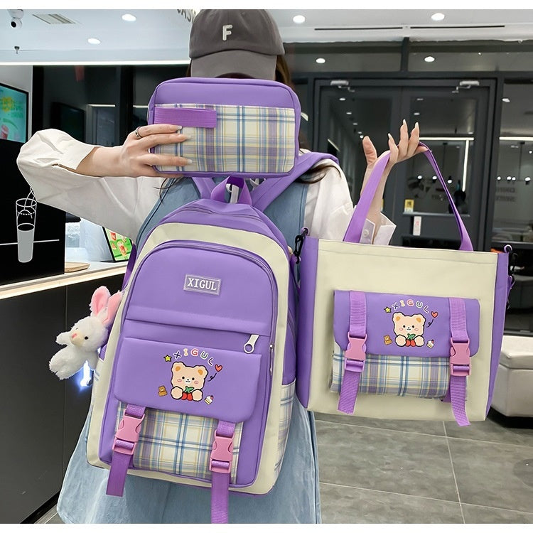 Ancient Energy high school plaid three-piece backpack set with spacious main compartment, front pocket, and padded straps for students