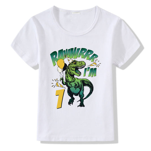 Children's T-shirt with colorful number 1-9 print for birthdays, by Ancient Energy, featuring playful design and vibrant colors.