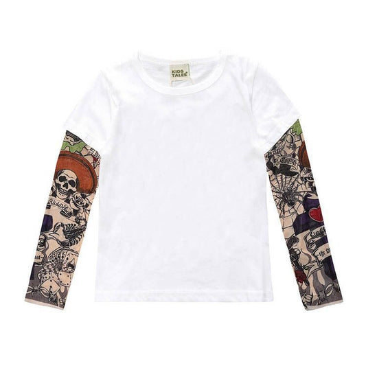 Ancient Energy tattoo boy t-shirt featuring a graphic design of a boy with tattoo-style artwork on the front.