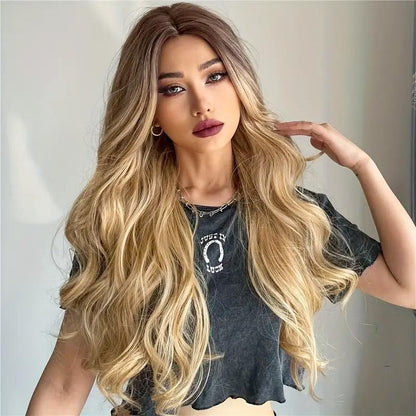 26 Inch Long Ash Blonde Wig With Bangs Natural Wavy Hair - Perfect For Daily Wear And Middle Part Style - MANDOTOS