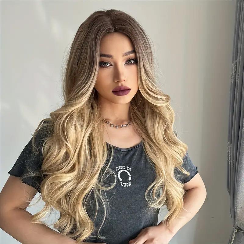 26 Inch Long Ash Blonde Wig With Bangs Natural Wavy Hair - Perfect For Daily Wear And Middle Part Style - MANDOTOS
