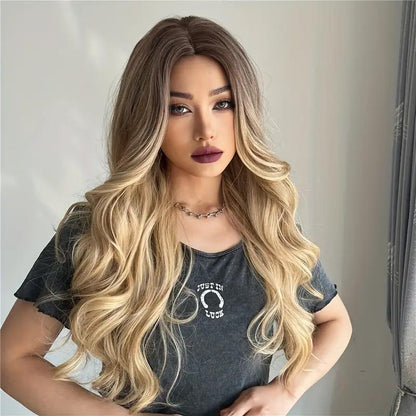 26 Inch Long Ash Blonde Wig With Bangs Natural Wavy Hair - Perfect For Daily Wear And Middle Part Style - MANDOTOS