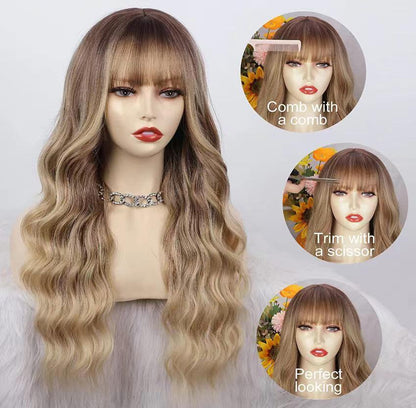 26 Inch Long Ash Blonde Wig With Bangs Natural Wavy Hair - Perfect For Daily Wear And Middle Part Style - MANDOTOS