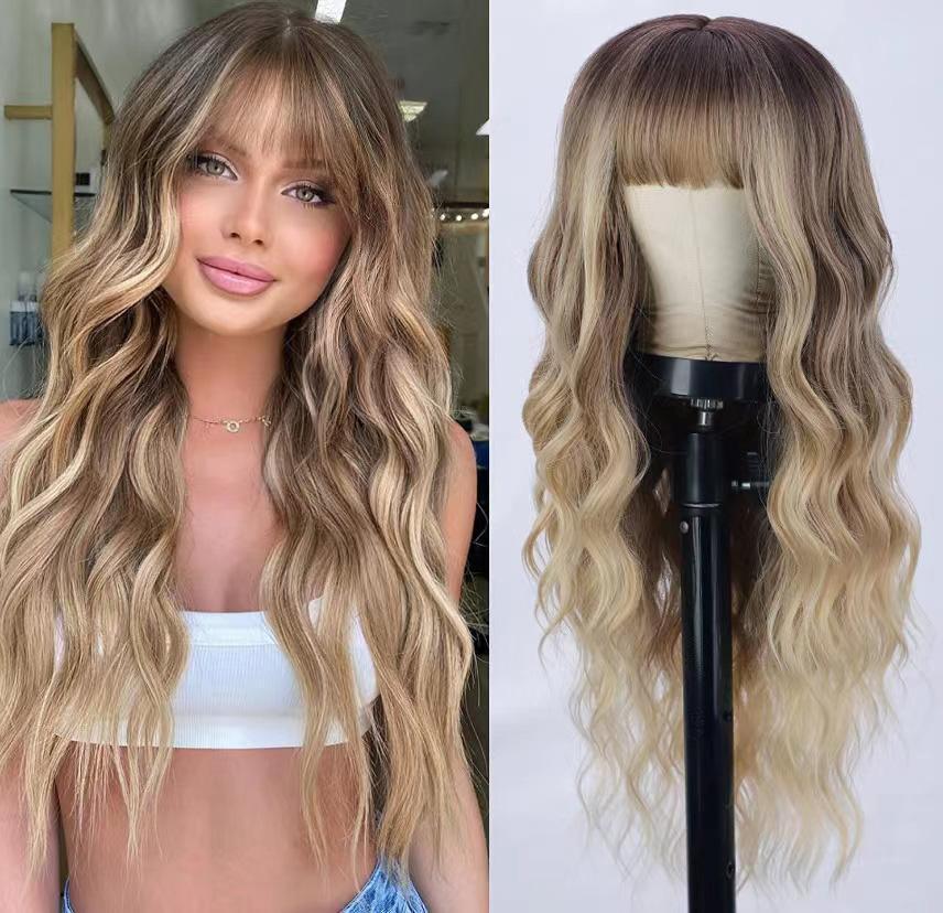 26 Inch Long Ash Blonde Wig With Bangs Natural Wavy Hair - Perfect For Daily Wear And Middle Part Style - MANDOTOS