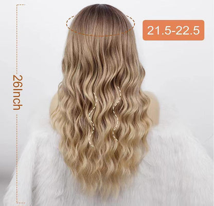 26 Inch Long Ash Blonde Wig With Bangs Natural Wavy Hair - Perfect For Daily Wear And Middle Part Style - MANDOTOS
