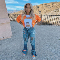 Women’s denim jacket by Ancient Energy featuring a casual streetwear style, cropped fit, and classic bodycon design.