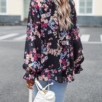 Women's Tops Casual Floral Print V Neck Long Sleeve Shirts Loose Chiffon Blouses Shirts Tops
