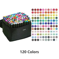 Ancient Energy 120-color manga brush marker pen set with vibrant colors and varied tip sizes for artistic drawing and coloring.