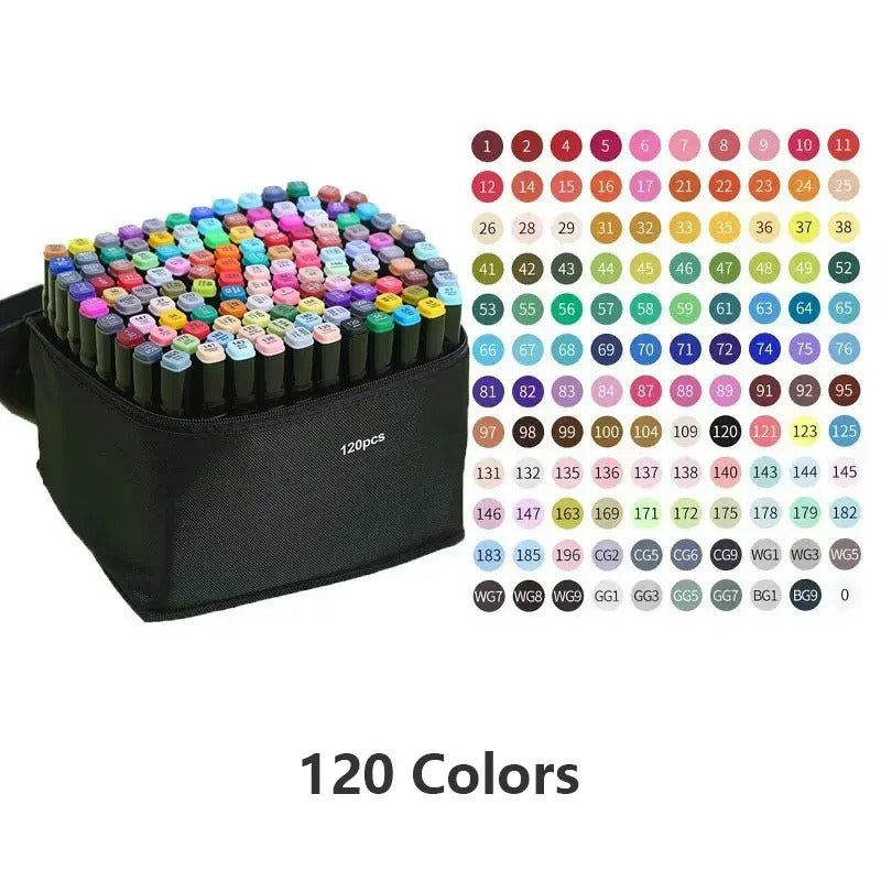Ancient Energy 120-color manga brush marker pen set with vibrant colors and varied tip sizes for artistic drawing and coloring.