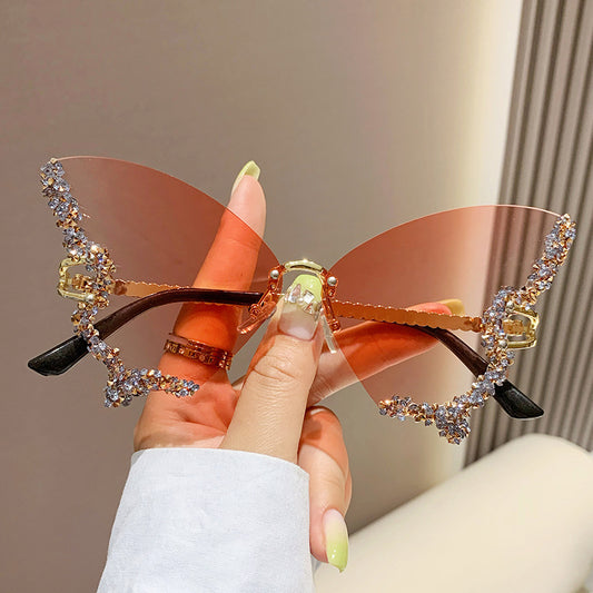 Luxury Diamond Butterfly Sunglasses Women Brand Y2K Vintage Rimless Oversized Sun Glasses Ladies Eyewear Shades - MANDOTOS