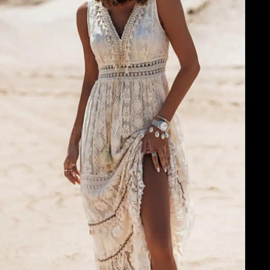 Lace-Trimmed V-Neck Maxi Dress - MANDOTOS