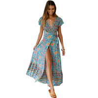 Tropical Bloom Mandotos International maxi dress with vibrant floral pattern and flowing fabric on a model.