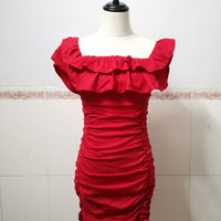 Women Black Off Shoulder Ruched Layered Ruffles Bodycon Dress