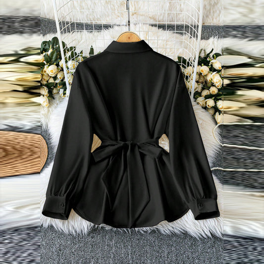 Women's Elegant Lapel Button-Down Top With Adjustable Metal Waist Belt Solid Color Loose Fit Blouse For Casual & Office Wear