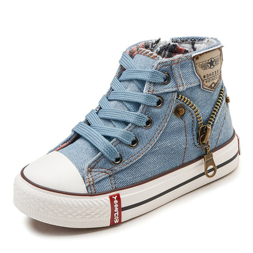 Kids' breathable denim sneakers by Ancient Energy, casual sport shoes for boys and girls, suitable for autumn wear.
