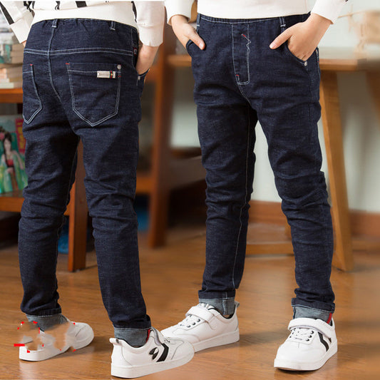 Children's boys' jeans with thick fleece lining, warm winter casual wear by Ancient Energy, showing front view of the denim pants.