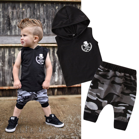Two-piece toddler boys' sleeveless hooded T-shirt and camo pants outfit by Ancient Energy, featuring casual, comfortable clothing for kids.