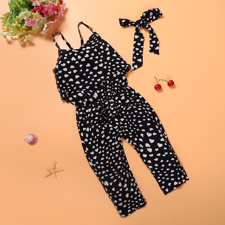 Kids girls summer clothing set featuring a cotton sleeveless polka dot jumpsuit with straps, from Ancient Energy.