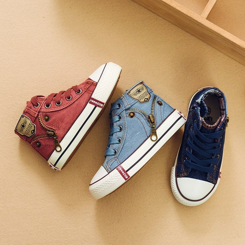 Breathable denim sneakers for kids, casual sports shoes for boys and girls by Ancient Energy, suitable for autumn wear.